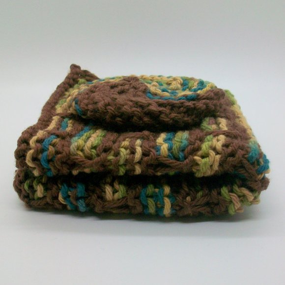 Handmade Knit Brown Cotton Wash Dish Spa Cloth Scrubbie Set - Picture 5 of 5